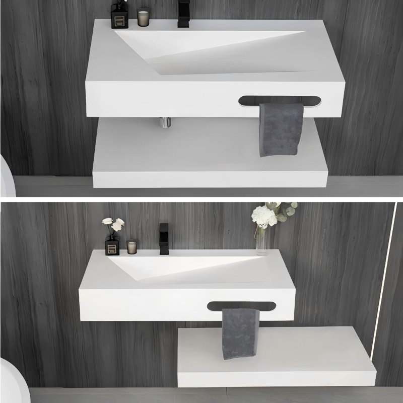 32" V-Shaped Integrated Stone Resin Sink Wall-Mounted Floating Bathroom Vanity with Adjustable Open Shelf & P-Trap Included