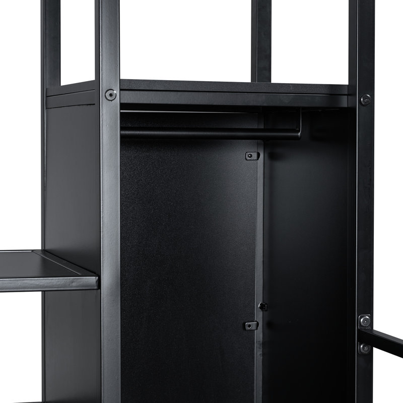 Lit mezzanine double en métal noir avec poste de travail intégré, garde-robe de rangement et escalier sécuritaire