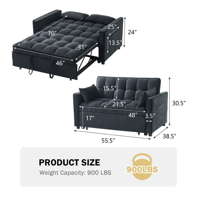 Modern 3 in 1 Convertible Sleeper Sofa, Pull Out Couch Bed with Adjustable Backrest, Black