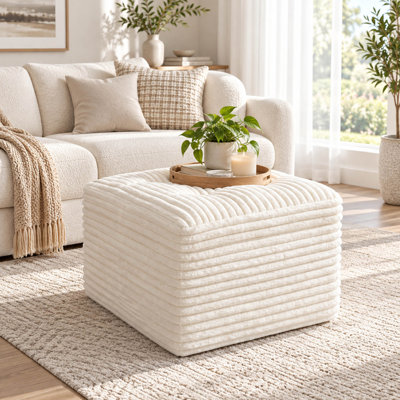 Pouf carré en velours côtelé 23,6 po avec support en mousse double couche, beige