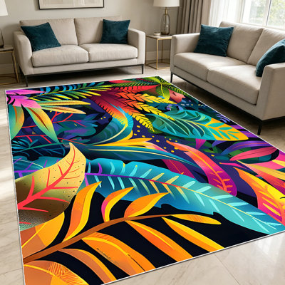 Tapis de 1 pièce à motif de feuilles tropicales néon vibrant pour le salon, doux et confortable, convient à toutes les saisons, facile à entretenir, lavable à la machine, convient au salon, à la chambre à coucher, à la salle à manger, au patio, à la maison et à l'extérieur.