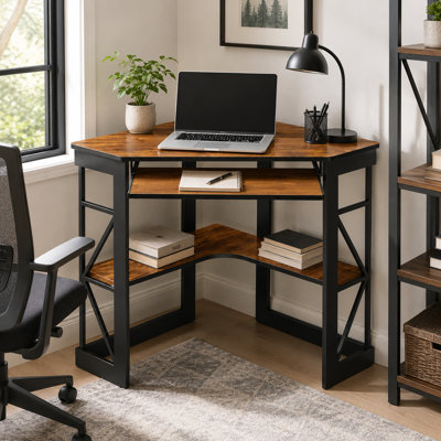 Lambrecht Corner Desk with Storage Shelves, Triangle Computer Desk with Keyboard Tray & Bookshelves for Small Space, 90 Degrees Space Saving Writing Desk Laptop PC Table for Home Office, Living Room, Bedroom