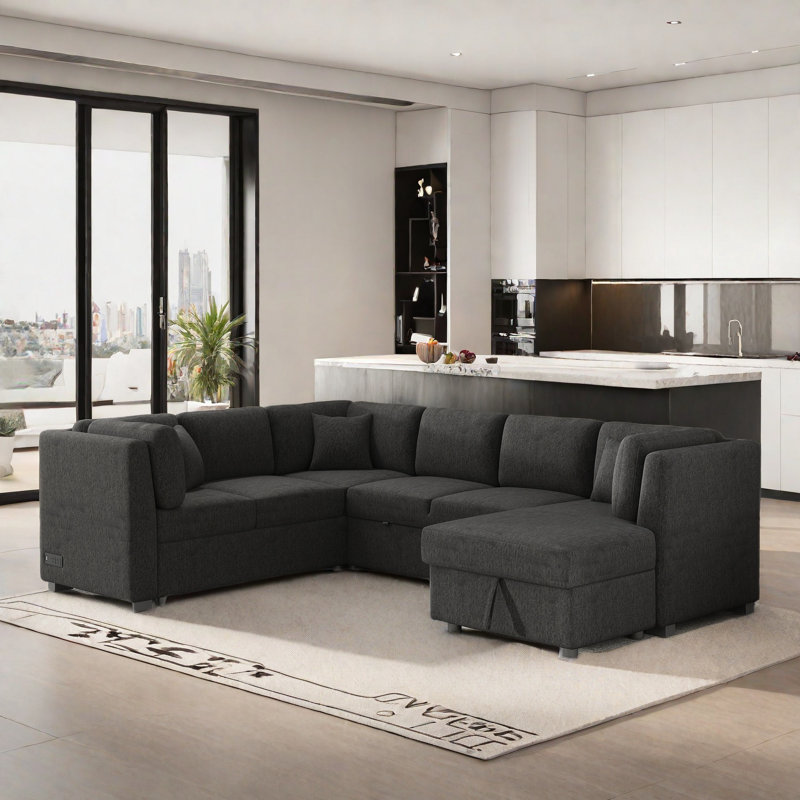 Canapé modulaire en L Cordarrow avec deux ports USB, deux prises de courant, trois coussins de dossier et une chaise de rangement