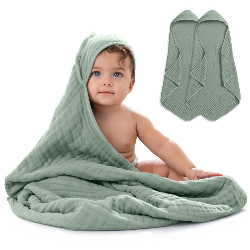 Comfy Cubs Hooded Baby Towel, Large 32 x 32 Inch - 6 Layer 100% Muslin Cotton - Soft & Absorbent Baby Bath Towels, Fern, 2