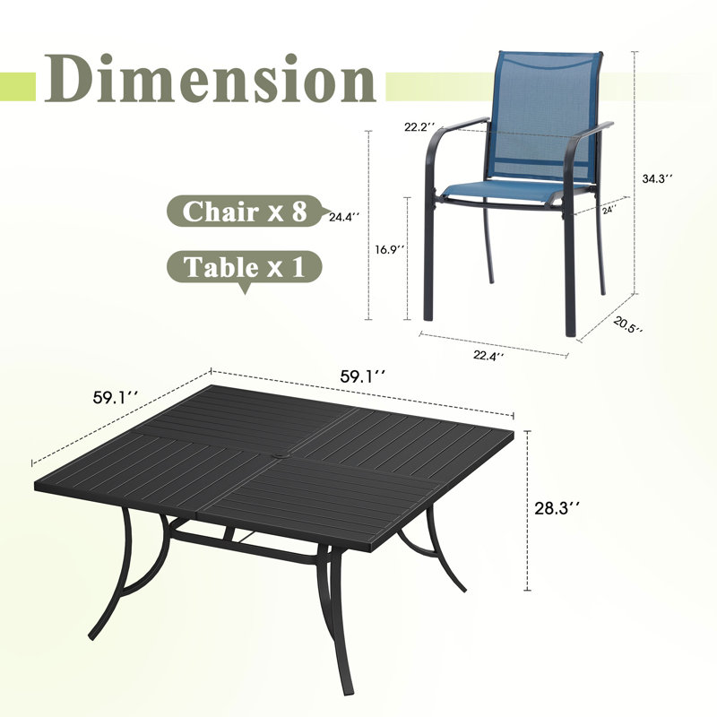 8-Person Square Patio Dining Set With Stackable PVC-coated polyester Chairs, Black/Blue