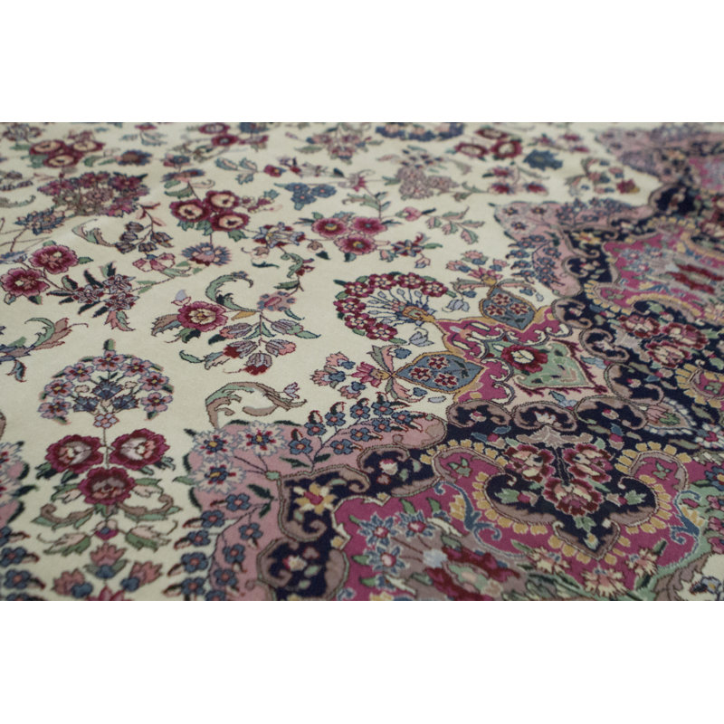 Tapis ivoire et bleu marine noué à la main de haute qualité