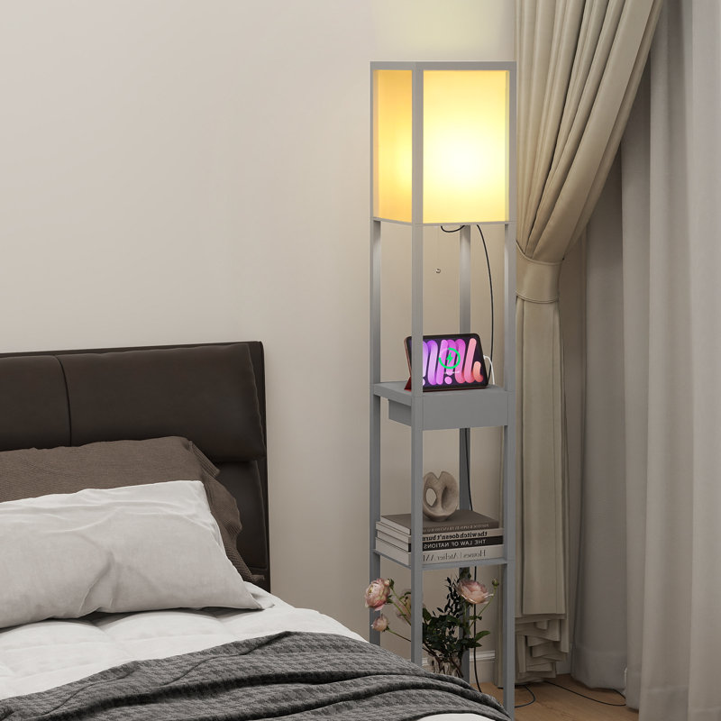 Floor Lamp With Charging, 160cm 3 Layers Shelves Standing Light With Drawer, Reading Lamp with Bulb, Grey
