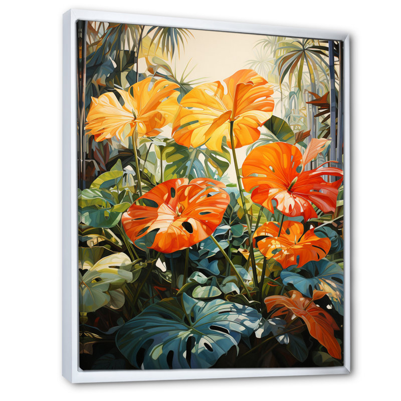 Feuillage tropical orange et vert IV, Cadre flottant blanc, H 32 po x l 16 po x P 1 po