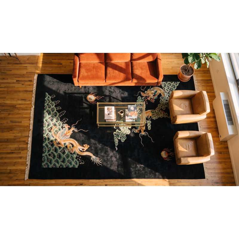 Antique Art Deco Room Size Wool Black Dragon Chinese Rug