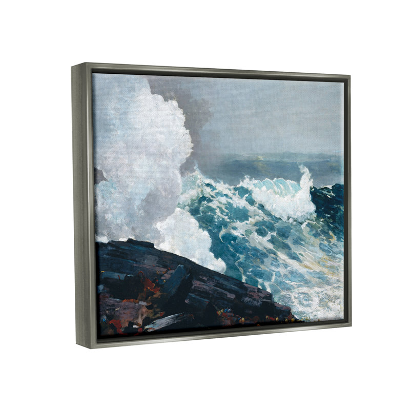 Vagues de l'océan et falaises, Cadre flottant gris lustré, H 17 po x l 21 po x P 1,7 po