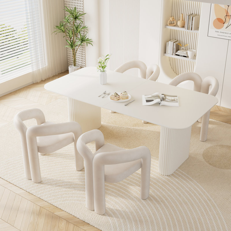 Modern Double Pedestal Dining Table Set, Beige, 5