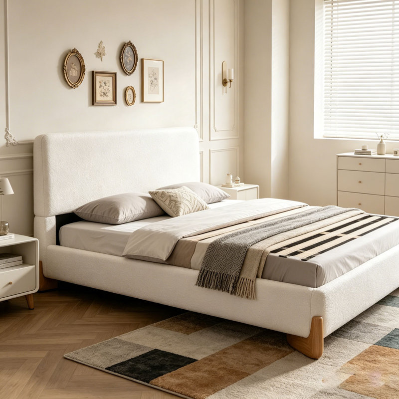 Lit tapissier, Blanc + polyester, Lit double