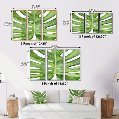 «Green Monstera Leaf Tropical Palm», détail botanique sur toile - cadre flottant 3 pièces