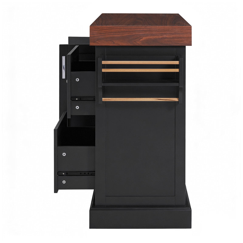 K&K 53" Large Kitchen Island with 3.5" Thick Desktop, Spice and Towel Racks, Rolling Kitchen Island with Storage on 5 Wheels, 2 Extra-large Drawers, for Home, Kitchen, Dining Room, Black