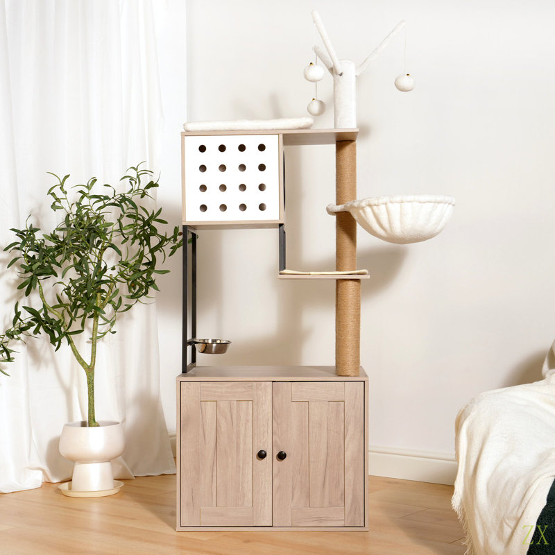 Arbre à chat avec bac à litière - maisonnette pour chat moderne avec poteaux à griffer, bol d'alimentation et bâtons de pompons amovibles