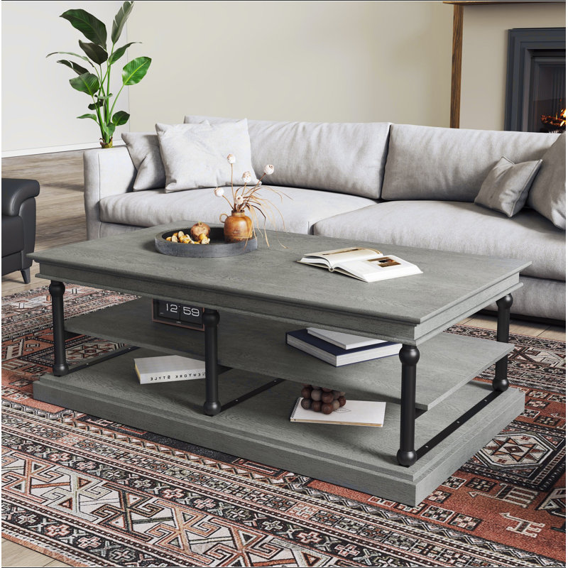 Table basse en bois 55,1 "avec pieds, 2 tablettes de rangement ouvertes, table de salon moderne