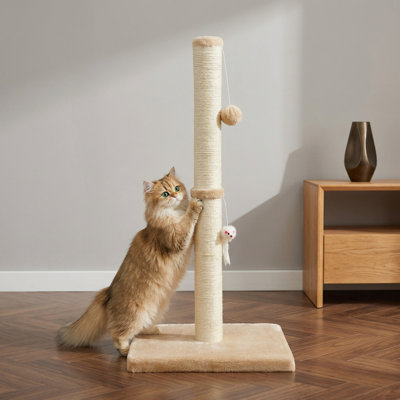 Grattoir pour chat 32 pouces avec 2 boules suspendues, grand griffoir en sisal pour chats d'intérieur, jaune