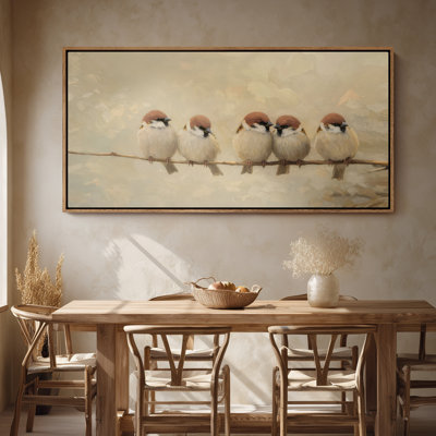 Art mural encadré, charmants moineaux assis sur une branche dans des tons neutres doux - 16 po x 24 po, 24 po x 36 po