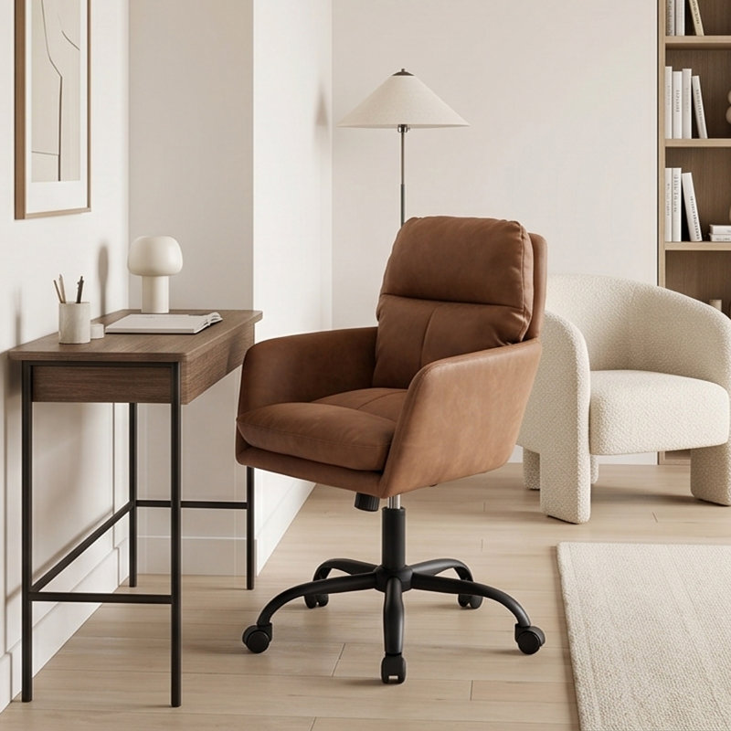 Chaise de bureau ergonomique à hauteur réglable en similicuir brun, chaise de bureau robuste en métal pour meuble-lavabo de chambre à coucher