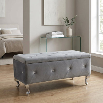 Banc coffre ottoman de rangement en velours capitonné de 98 cm (38,5 po) avec boutons en cristal et pieds en métal, gris
