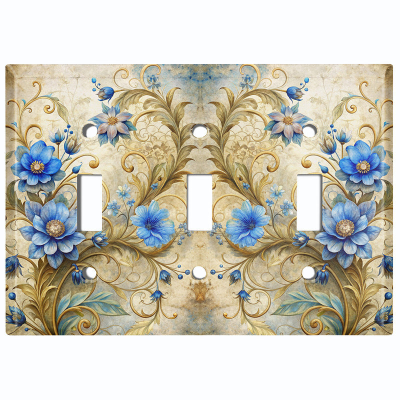 Couvercle de plaque d'interrupteur en métal; Bascule à 3 bandes US standard - Fleurs bleues élégantes, Triple # 3