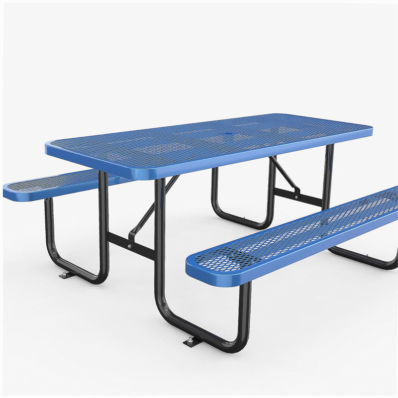 72" Expanded Metal Rectangular Picnic Table, Blue With Umbrella Hole