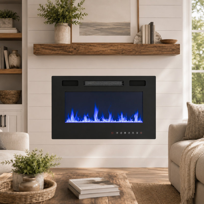 Foyer électrique l 30 po avec fixation encastrée, télécommande et flamme colorée à DEL