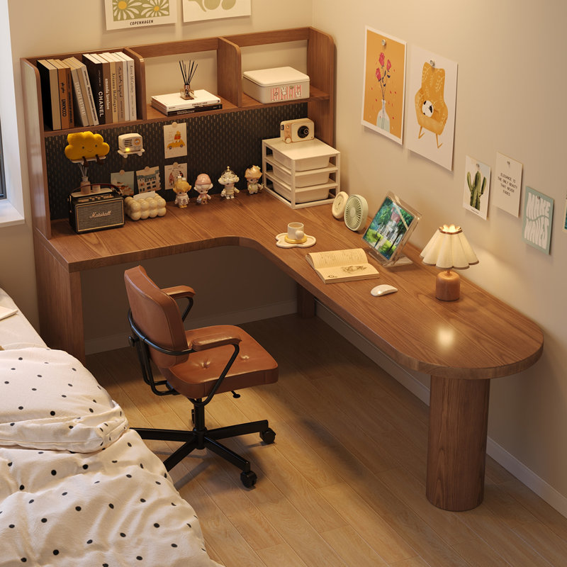 Nut-brown L-Shaped Solid Wood writing desk, 61.02" H x 62.99" W  x 47.24" D