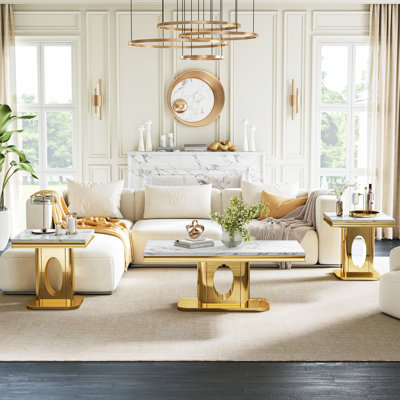 3-Piece Faux Marble Table Set, 46.85" Coffee Table With 22.83" End Tables, Oval Cutout Base With Mirrored Stainless Steel Frame