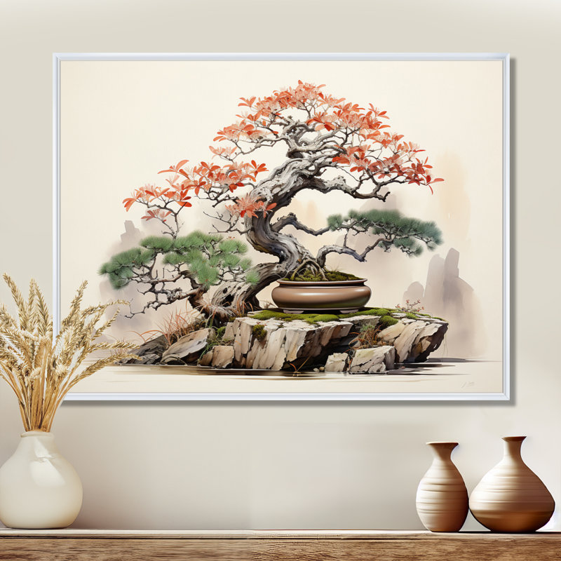 Asian Art Bonsais Wisdom I - Art asiatique, art mural, H 12 po x l 20 po x P 1 po, Cadre flottant blanc