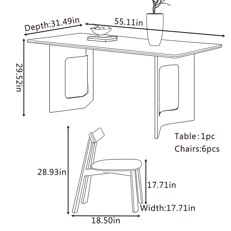 Table et chaises de salle à manger de style Wabi-sabi., 29.52" H x 55.11" L x31.49" W