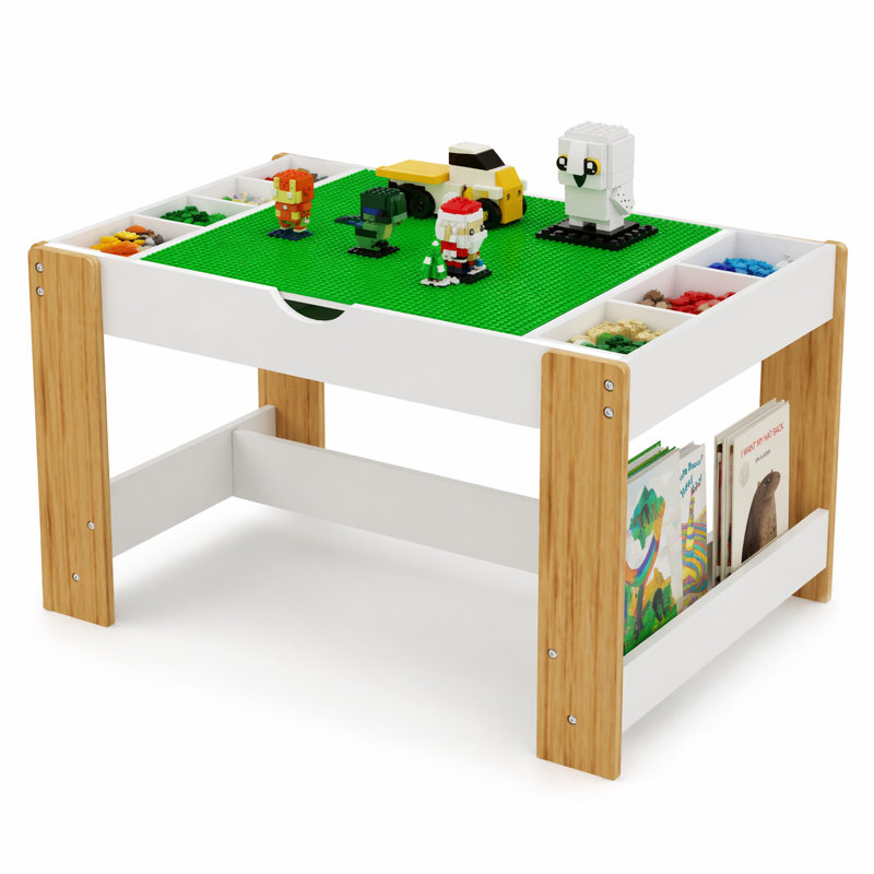 Table d'activités pour enfants, table de jeu en bois 3 en 1 avec surface réversible pour blocs de construction, compartiments de rangement, naturel et blanc