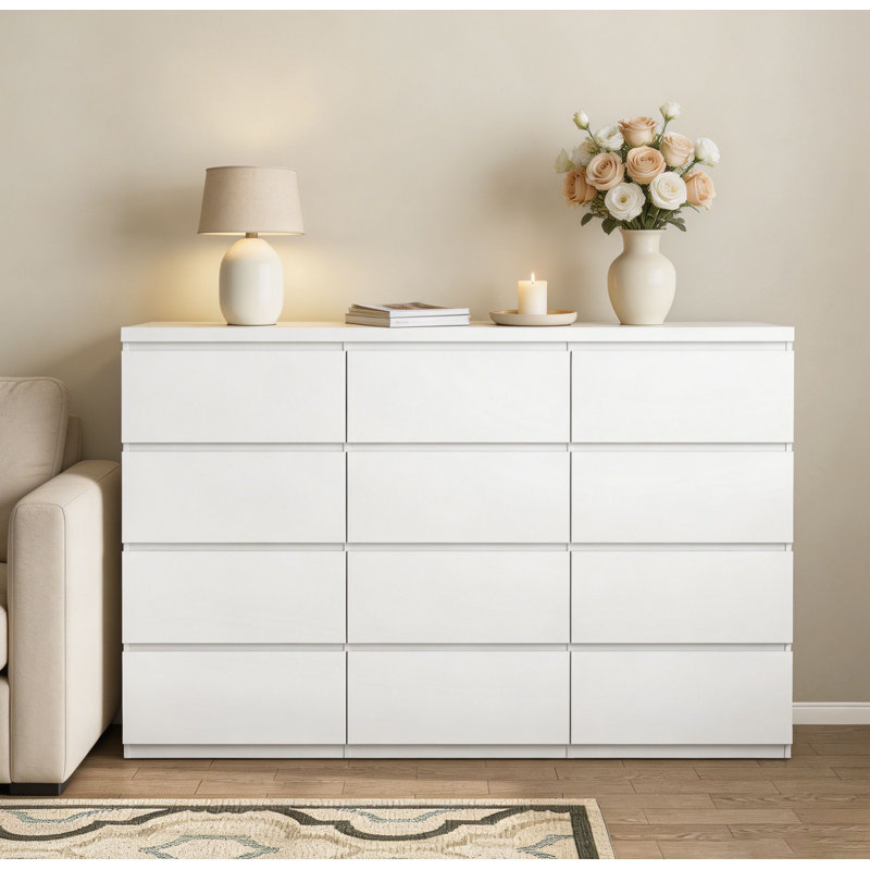 Commode double 12 tiroirs, commode en bois moderne avec grand espace de rangement pour la chambre à coucher, Blanc