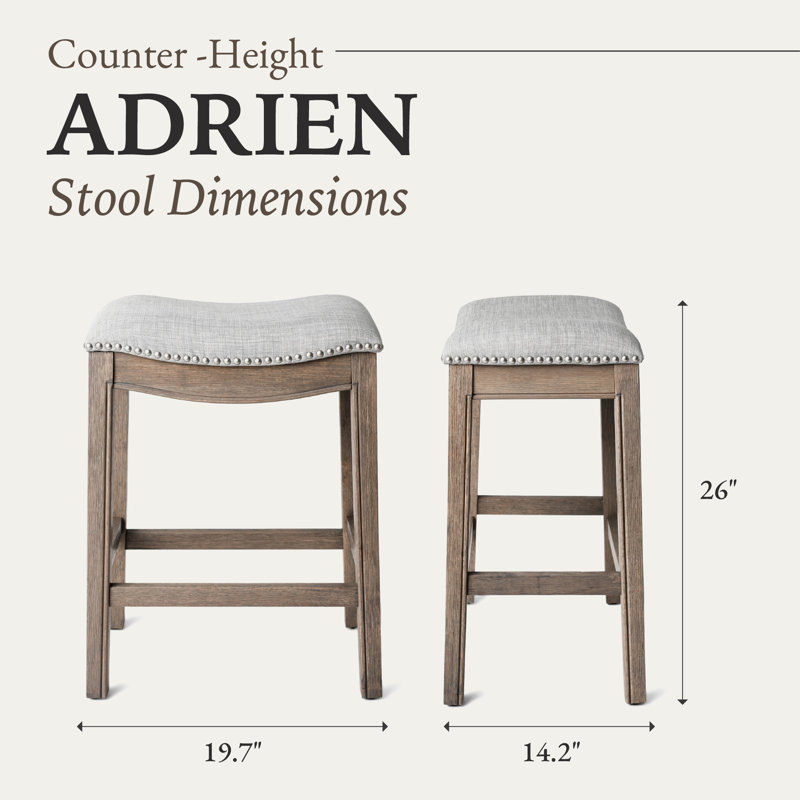Maven Lane Adrien Backless Saddle Kitchen Stool with Fabric Upholstery, 1, Reclaimed Oak, Counter Stool (25.7" Seat Height)
