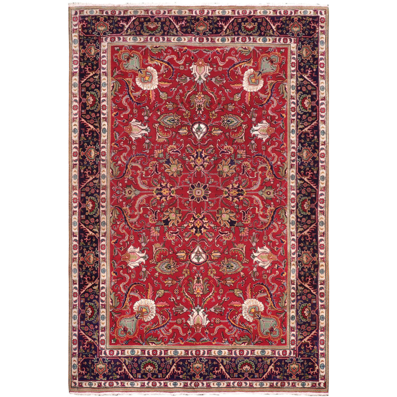 Tapis rouge rétro en laine noué à la main Tabriz Andrews - 8 pi 0 po x 11 pi 4 po