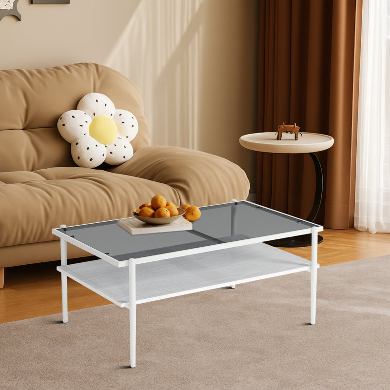 Table basse moderne en bois recyclé avec plateau en verre et tablette en bois, structure en métal, Blanc
