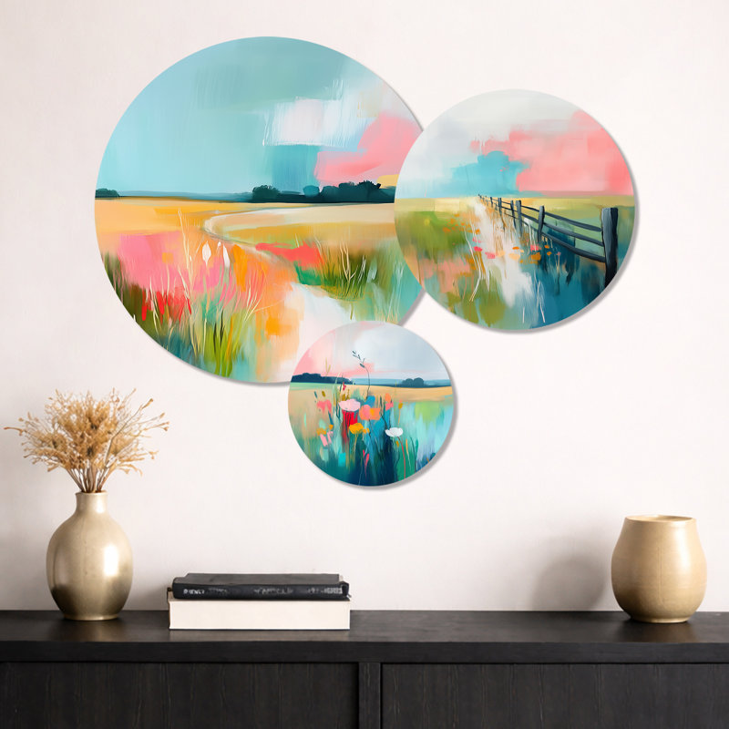 «Pink and Blue Summer Farm land - Landscape», reproduction d'art sur métal, ensemble de 3