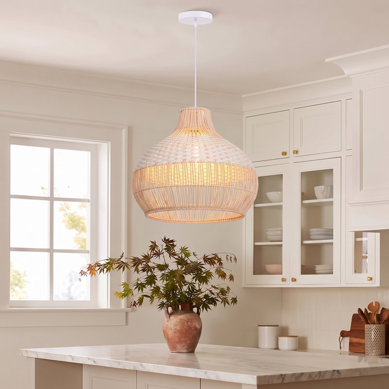 Calpella - Luminaire suspendu en rotin naturel et blanc, H 15,75 po x l 15,75 po x P 15,75 po