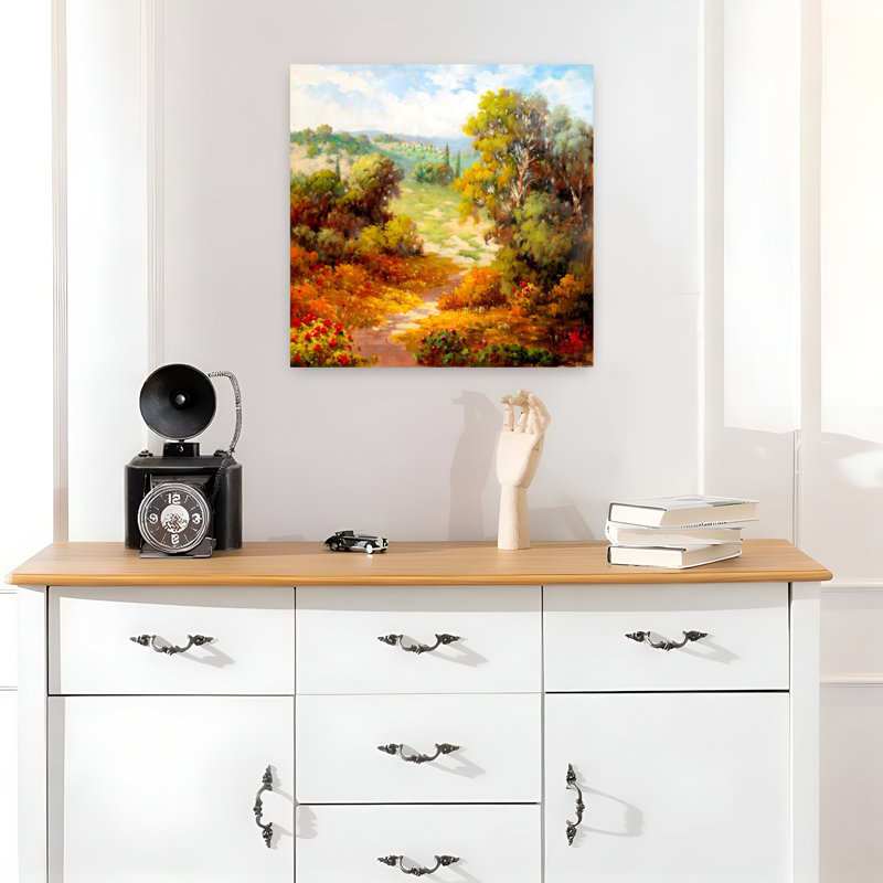 Chemin d'automne abstrait, art contemporain de paysage d'automne, H 18 po x l 18 po
