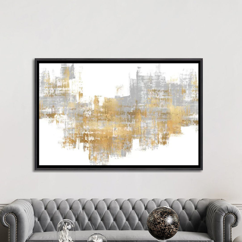 "Dynamic Gold on Gray II" par Alex Wise, reproduction d’art, Toile avec cadre noir patiné, H 18 po x l 26 po x P 1,5 po