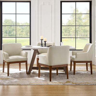 Stanley 24.5"W Mid-Century Modern Leather Dining Chair Set with Solid Wood Legs