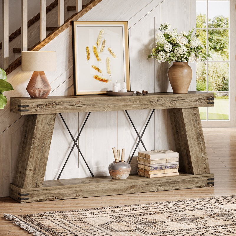 70.9" Farmhouse Console Table, Light Brown Oak