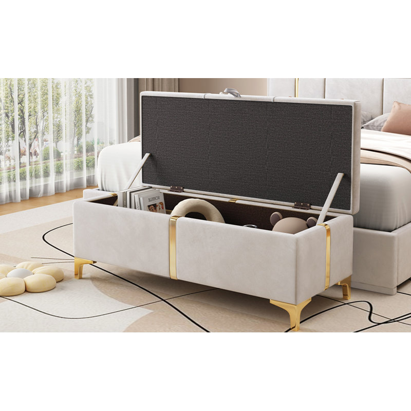 Elegant Upholstered Storage Ottoman,Storage Bench With Metal Legs For Bedroom,Living Room,Fully Assembled Except Legs,Beige