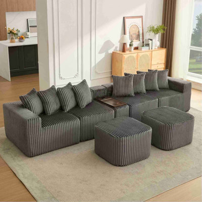 137.5" U Shaped  Sofa , USB & Wireless Charge, Coffee Table Board With a Cup Holder, Oversize Movable Sofa,Movable Footstool,6 Seats,Corduroy,Gray