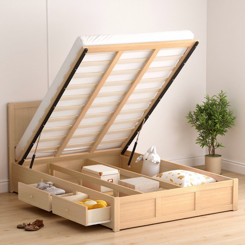 Lit plateforme classique en bois avec rangement inférieur et 2 tiroirs, Lit double