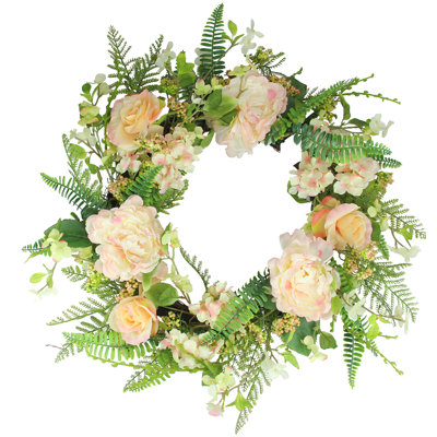 Rose and Peony Fern Artificial Floral Spring Wreath Pink - 24-Inch