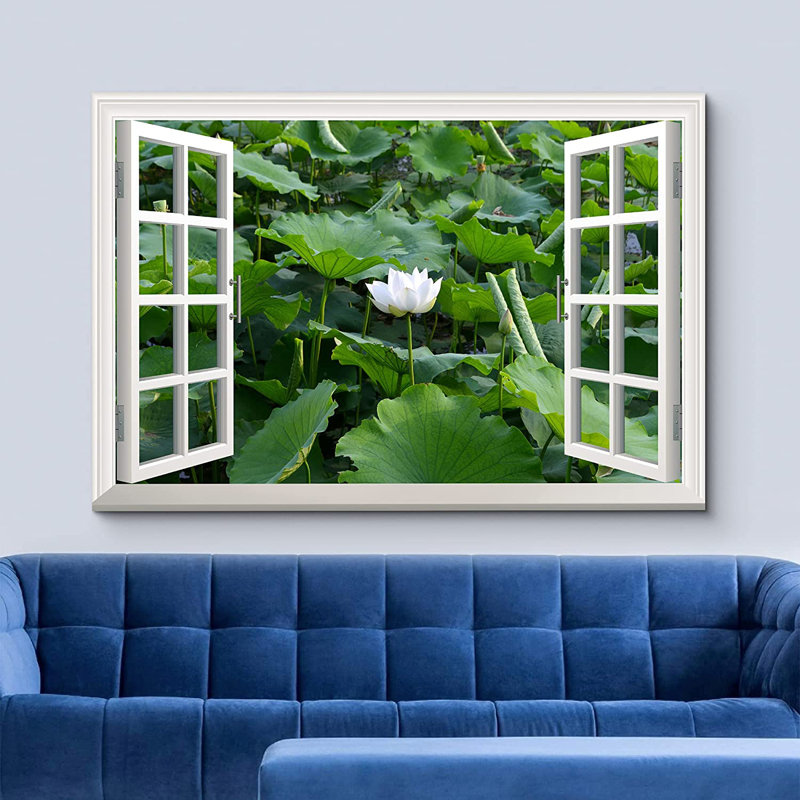 Fenêtre, paysage, lotus et feuilles vertes dans un étang, impression sur toile tendue