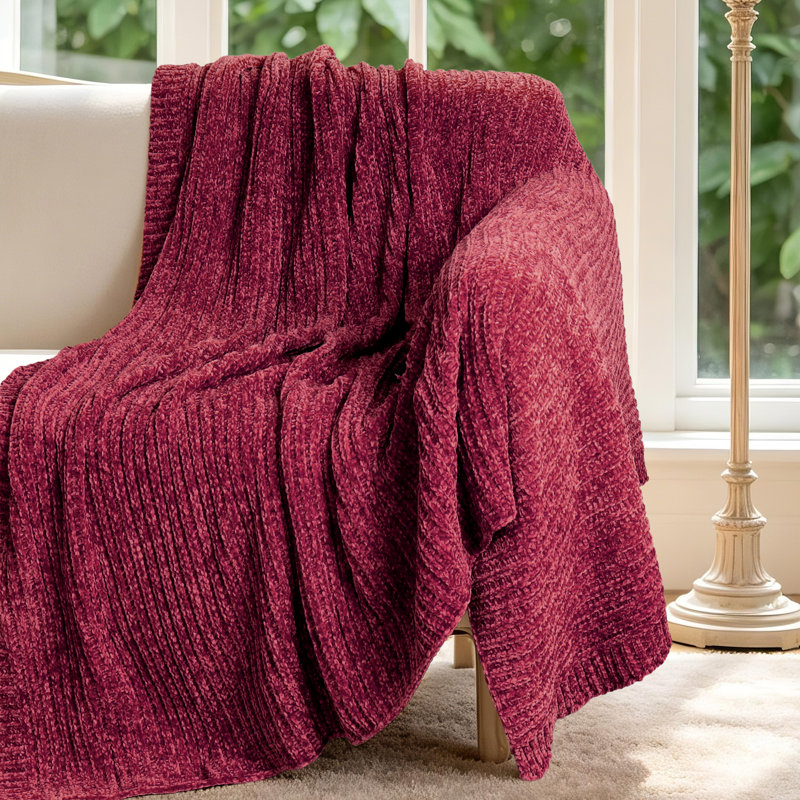 Soft Plush Lightweight Reversible Chenille Throw Blanket, Burgundy
