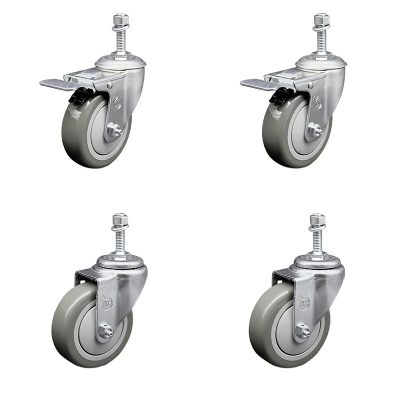 Ensemble de 4 roulettes à tige filetée en polyuréthane gris de 3/8 po à 4 fils