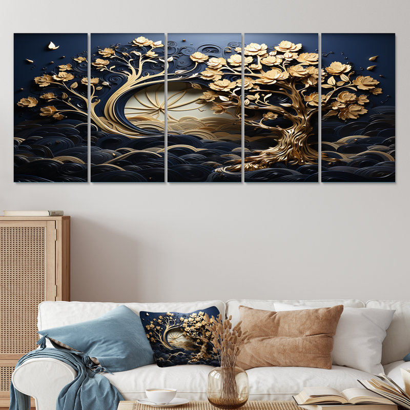 Ensemble de 5 décorations murales dorées et bleues, "Coastal Ambiance II", H 28 po x l 60 po